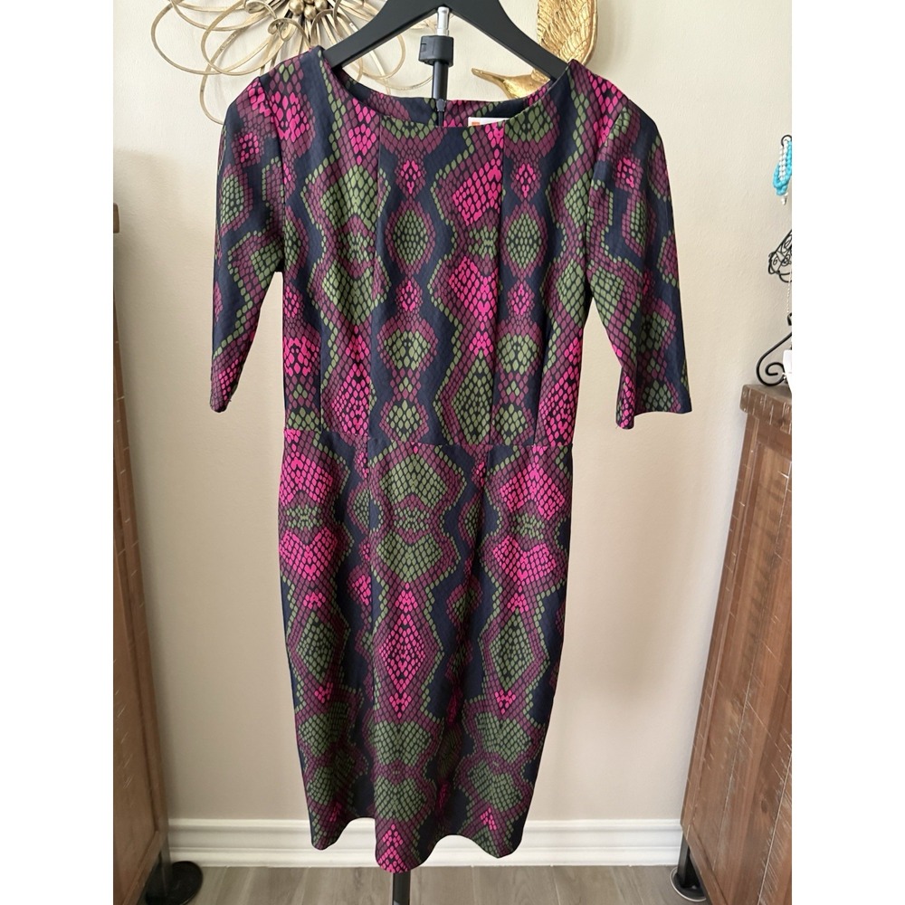 Jude Connally Dress XS Pink Green Geometric Sheath Stretch Made USA